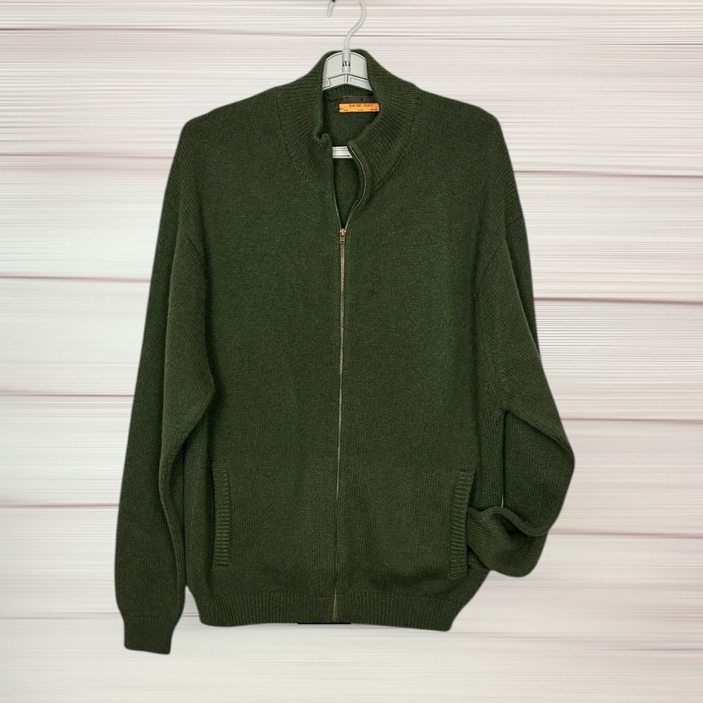 Davide Cenci Wool Angora Zip Front Cardigan Green Sweater Pockets size L (42)